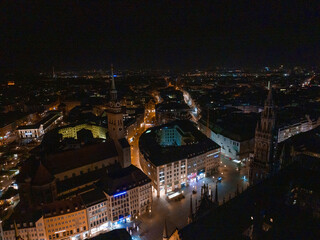 Fototapeta na wymiar Aerial wide panorama of New Town Hall and Marienplatz at night Munich city, Bavaria, Germany