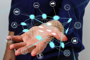 Hand touching modern interface digital transformation and metaverse concept. Connection next generation technology and new era of innovation