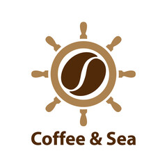 Coffee Shop. Logotipo con texto Coffee & Sea con silueta de frijol de café en timón de barco en color marrón