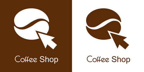 Comercio electrónico. Logotipo con texto Coffee Shop con frijol de café y flecha de puntero con líneas en fondo marrón y fondo blanco