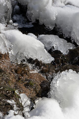 Spring sunlit streamlet among ice and snow close-up