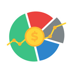 colorful Pie chart with dollar coin in center