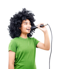 The Asian girl afro hair style is wearing a rgreen t- shirt, taking the microphone and sing a song. Isolated from white background