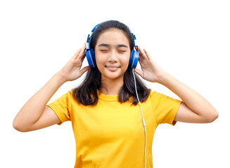 Asian Teenage Woman Close your eyes and listen to the music on the headphones with a happy face.