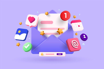 Open Email envelope icon with document. Newsletter 3d concept. Vector 3d illustration - 496266585
