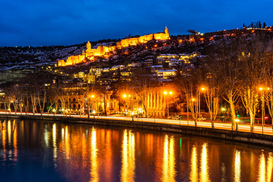 Narikala fortress and Mtikvari river illuminated at night, Old Town, Tbilisi, Georgia