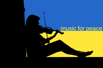Silhouette einer Frau die Geige spielt vor den Farben der Ukraine und englische Schrift mit music...