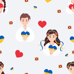 Patriotic Ukrainian seamless pattern. Cute Ukrainian boy and girl in traditional embroidered clothes in floral wreath with ribbons with yellow-blue heart on white background. Vector illustration