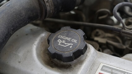 close up of a car engine. engine oil.