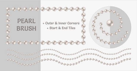 Pattern brushes with white pearl beads. Chain brush with corners, end and start tiles. Classic pastel colors. Isolated on light backgrounds.