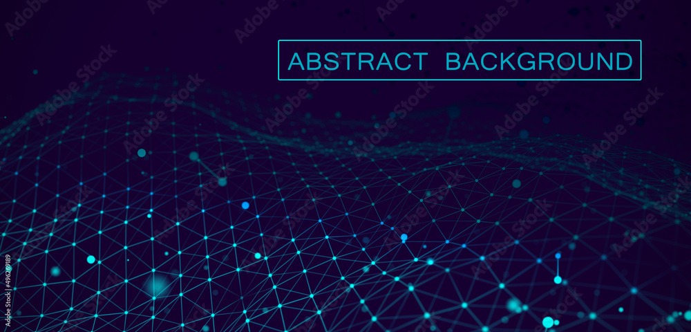 Poster Low poly shape with connecting dots and lines on blue background. Abstract polygonal space, dark background with connecting dots and lines. 3d rendering. Big data visualization.