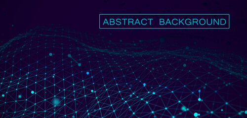 Low poly shape with connecting dots and lines on blue background. Abstract polygonal space, dark background with connecting dots and lines. 3d rendering. Big data visualization.
