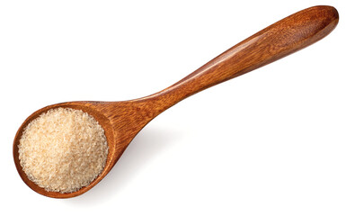 Psyllium husk in the wooden spoon, isolated on white background, top view.