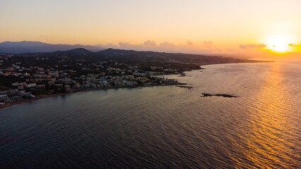 Panoramic aerial view from above of the city of Chania, Crete island, Greece. Landmarks of Greece, beautiful venetian town Chania in Crete island. Chania, Crete, Greece.