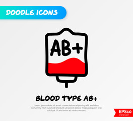 Blood bag with plasma. Doodle thin line icon. Blood donation. Blood type AB+. Vector illustration.