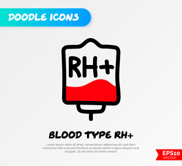 Blood bag with plasma. Doodle thin line icon. Blood donation. Blood type RH+. Vector illustration.