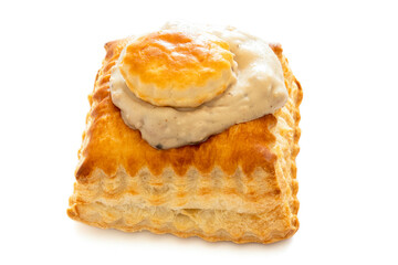 top view of a puff pastry stuffed with sweetbreads isolated on a white background