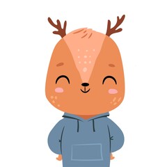 Cute deer in a hoodie smiling. Baby woodland animal in casual outfit