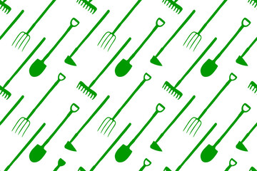 Seamless pattern with garden equipments: shovels, spades, rakes, hoes, pitchforks. Vector backgrounds and textures with tools for working on the farm, in dacha, country site in flat style