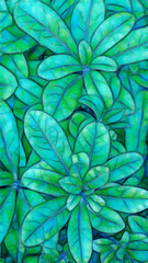 many individual leaf veins making unique foliage pattern and design in shades of green with blue coloured edges