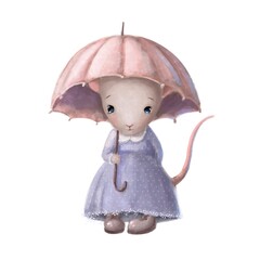 cute mouse under umbrella, watercolor illustration, animal clipart with cartoon character