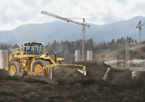 Construction site in the mountains, illustration hand drawn. Protection of nature, environment, ecology