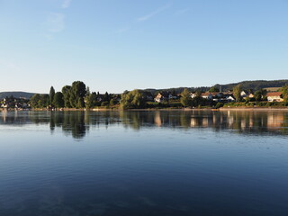 Quiet Rhine River in european STEIN AM RHEIN town in SWITZERLAND