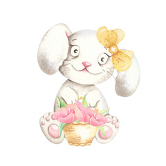 Cute watercolor bunny with flowers. Tulip flowers.