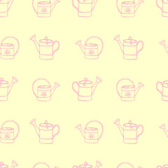 Seamless pattern with watering cans. Hand drawn outline vector background and texture in doodle style, isolated. Gardening tools for working in the garden, on the farm, in the dacha, country site