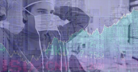 Composite image of financial data processing against caucasian male doctor wearing a face mask