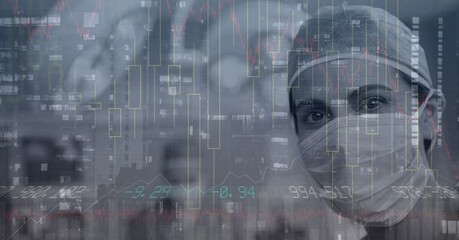 Composite image of financial data processing against caucasian female surgeon wearing surgical mask - Powered by Adobe