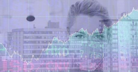 Composite image of financial data processing against caucasian female surgeon wearing surgical mask