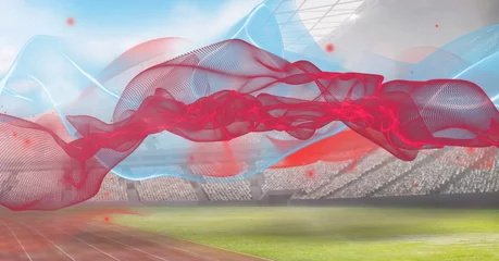  Red and blue digital wave against sports stadium in background © vectorfusionart
