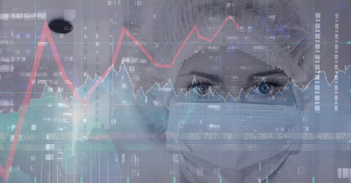 Composite image of financial data processing against caucasian female surgeon wearing surgical mask - Powered by Adobe