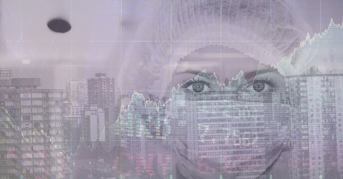 Composite image of financial data processing against caucasian female surgeon wearing surgical mask - Powered by Adobe
