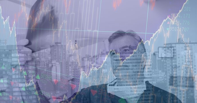 Composite image of financial data processing against caucasian male doctor examining an x-ray - Powered by Adobe