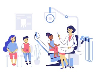 Medicine dental concept. Dentist and kids in dentistry office.