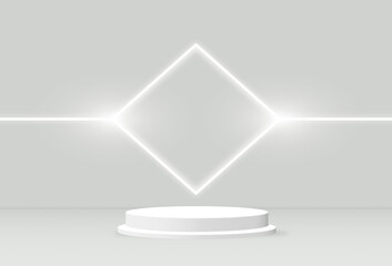 Abstract 3D rendering White base cylinder podium studio with a neon light on the wall. Geometric shape object illustration for banner, poster, and wallpaper. Display showcase product.
