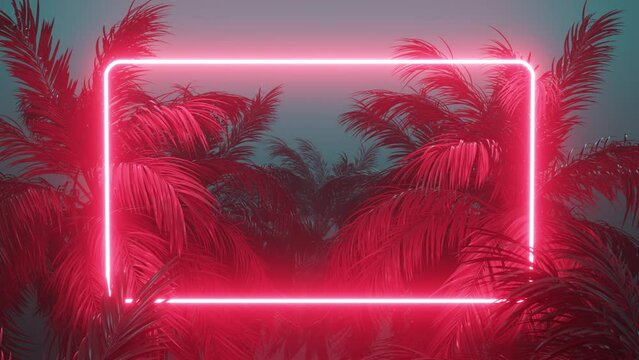 Retrowave glowing rectangle frame appears in the tropical palm tree zoom out