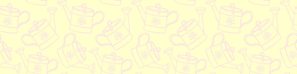 Seamless pattern with watering cans. Hand drawn outline vector background and texture in doodle style, isolated. Gardening tools for working in the garden, on the farm, in the dacha, country site