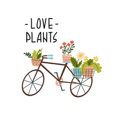 Fototapeta na wymiar Decorative bicycle decorated with flower pots. Decoration for garden or park or Lawn. Hand drawing print design. Bicycle and slogan Love plants. Flat style in vector illustration. Isolated element.