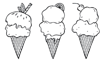 Vector set of hand drawn ice cream illustration isolated on white backgrounds. Cute dessert clipart. For print, web, design, decor, logo.