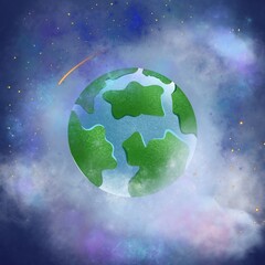 Earth in space illustration.  Clouds, space, shooting star on blue sky