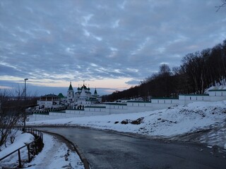 Orthodox monastery on a winter evening