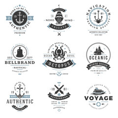 Nautical logos templates set. Vector object and icons for marine labels, sea badges, anchor logos design, emblems graphics. Ship silhouettes, anchor symbols. - obrazy, fototapety, plakaty