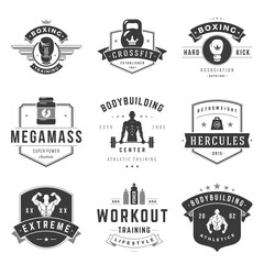 Fitness logos templates set. Vector object and icons for sport labels, gym badges, health logos design, emblems graphics. Woman and man silhouettes, exercise logos, barbell and weight symbols.