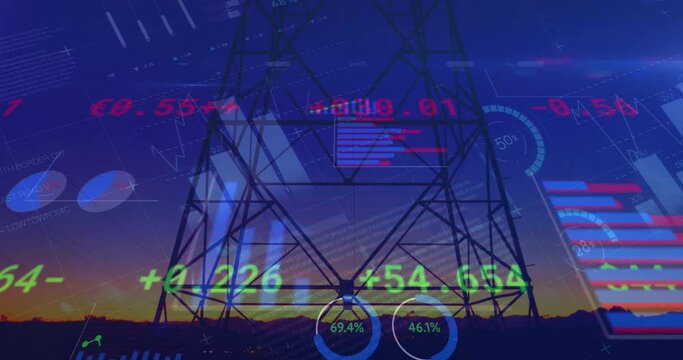 Financial data processing over high voltage tower against sunset sky