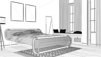 Blueprint project draft, scandinavian modern wooden bedroom with rattan furniture, frame mockup, bed with duvet and pillows, window with bench, carpet, mirror, lamp, decors. Parquet