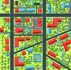 Several quarters. Streets of city. Top View from above. Small town house and road. Map with roads, trees and buildings. Modern car. Cartoon cute style illustration. Vector
