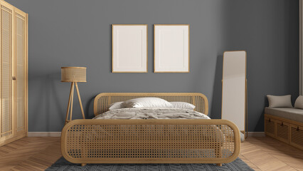Frame mockup, modern wooden bedroom with rattan furniture in gray tones, double bed with duvet and pillows, carpet, mirror, lamp and decors. Herringbone parquet, interior design idea
